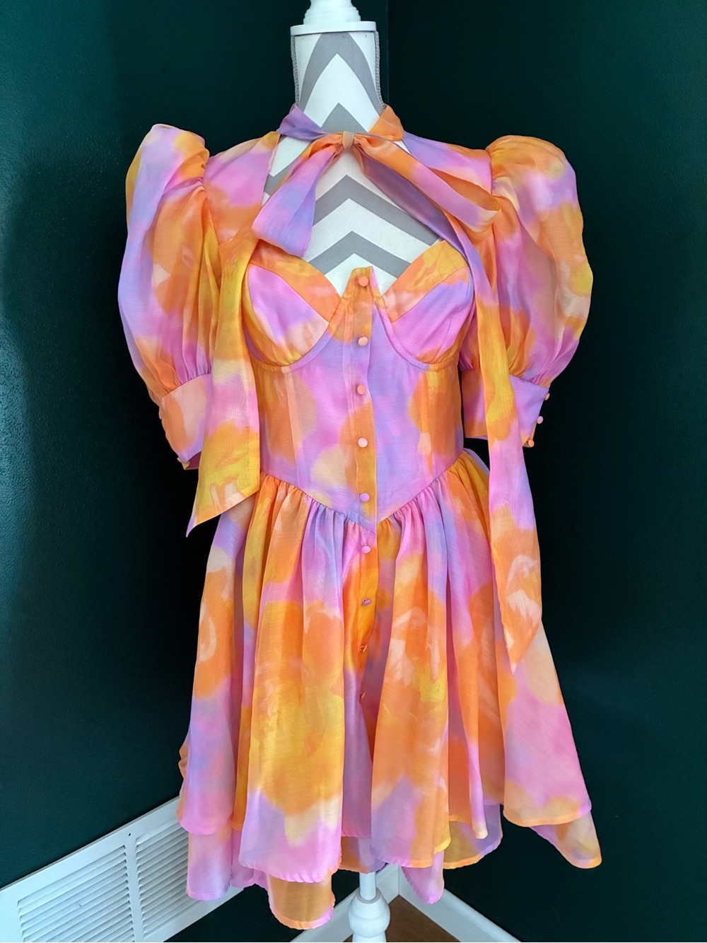 ASOS Vibrant Pink & Orange Puff-Sleeve Fit-and-Flare Dress